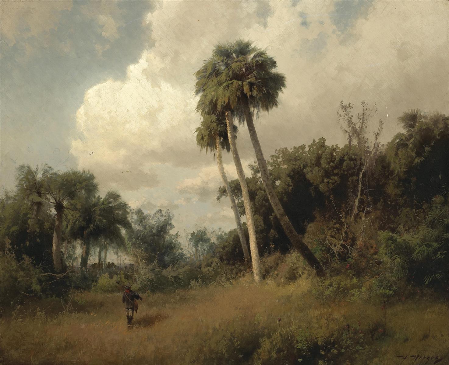 Hermann Ottomar Herzog A Hunter Among Windswept Palms and Passing Clouds 1870 Fine Art Print