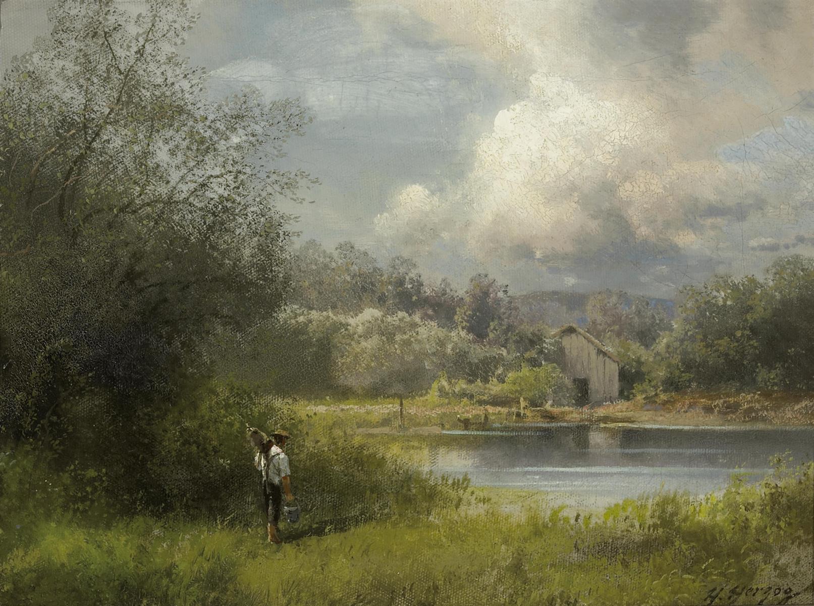 Hermann Ottomar Herzog On the Way to the Fishing Hole 1870 Fine Art Print