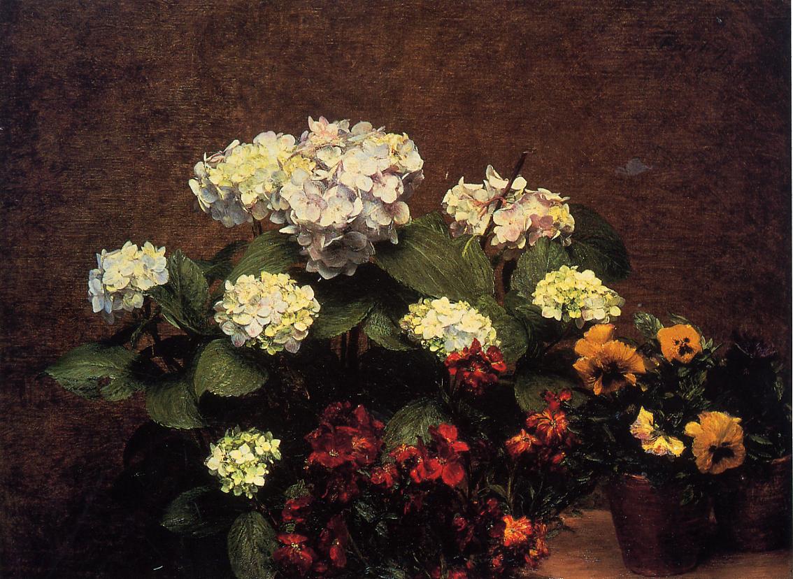 Henri Fantin-Latour Hydrangias, Cloves and Two Pots of Pansies 1879 Fine Art Print