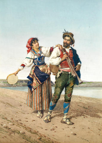 Filippo Indoni Itinerant Musicians by a River 1875 Fine Art Print