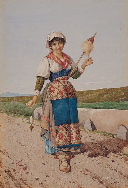 Filippo Indoni Italian Girl Spinning Distaff 1839 Fine Art Print
