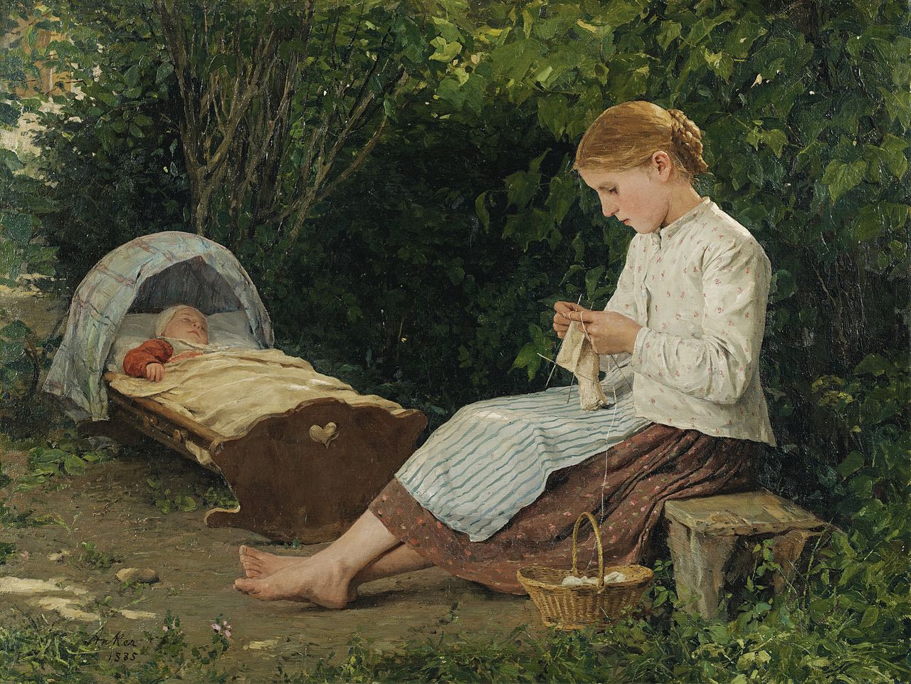 Albrecht Anker Knitting Girl Watching the Toddler in a Craddle 1885 Fine Art Print