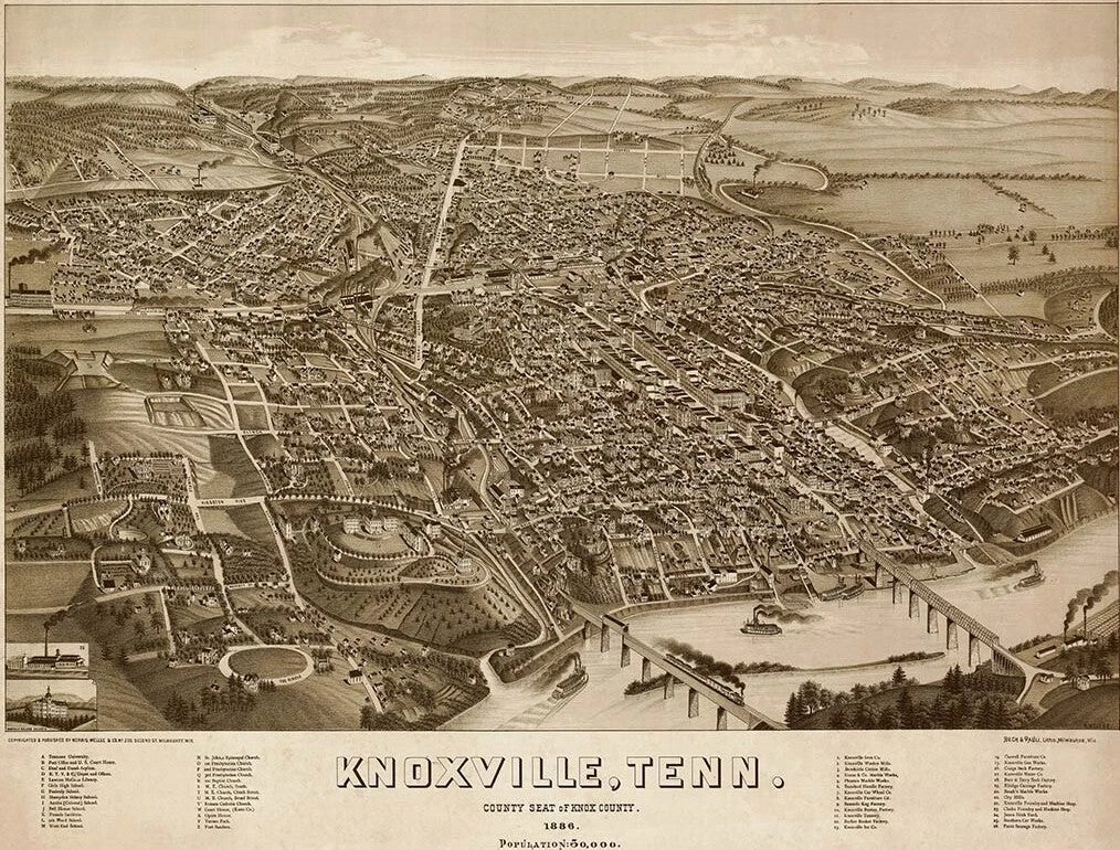 Knoxville Tennessee Vintage Panoramic City Map 1886 Fine Art Print