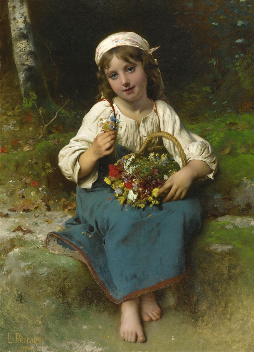 Léon Bazile Perrault Young girl with a basket of flowers 1880 Fine Art Print