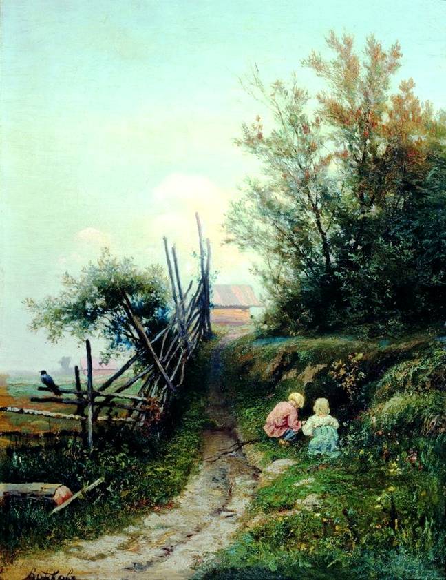 Efim Volkov Landscape with the Village Children 1889 Fine Art Print