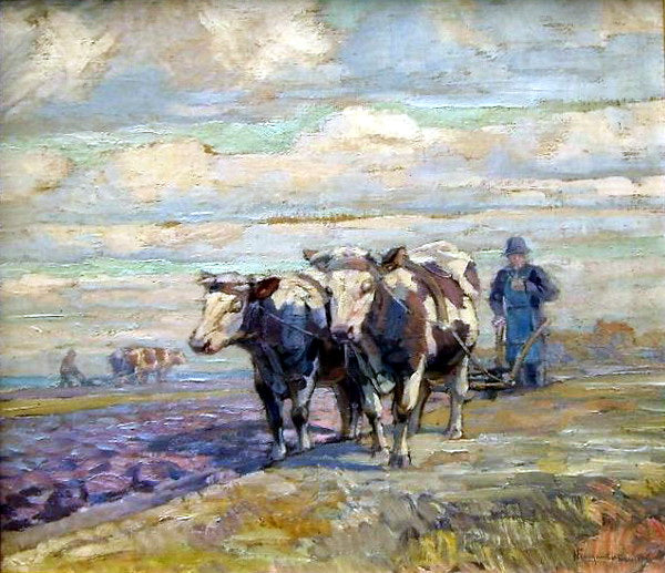 Nikolay Bogdanov Belsky Nice Landscape with Ox and Farmer 1930 Fine Art Print