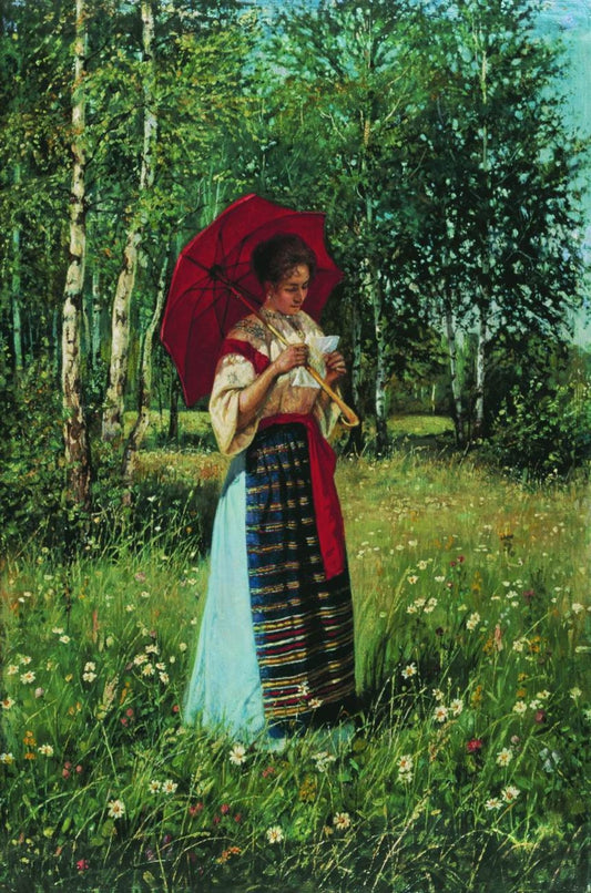 Nikolay Bogdanov Belsky Woman Reading Letter Red Umbrella 1892 Fine Art Print Fine Art Print | Jakero77