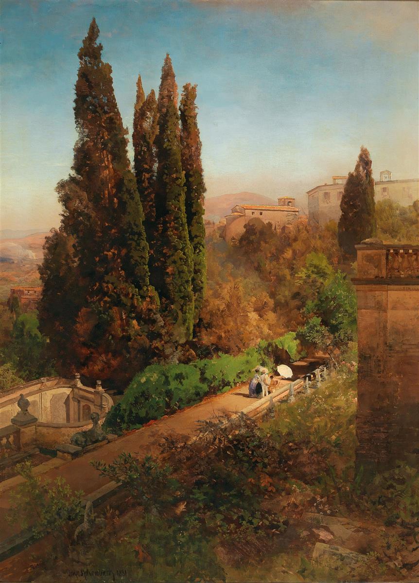 Oswald Achenbach View Of The Gardens Of Villa D'este In Tivoli, near Rome 1881 Fine Art Print