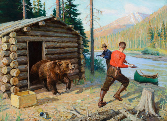 {{ product_title }} Fine Art Print | {{ product_vendor }} Jakero77 Philip R Goodwin In a Tight Corner 1900s Bear Cabin Hunting Fine Art Print Art Print  Jakero77