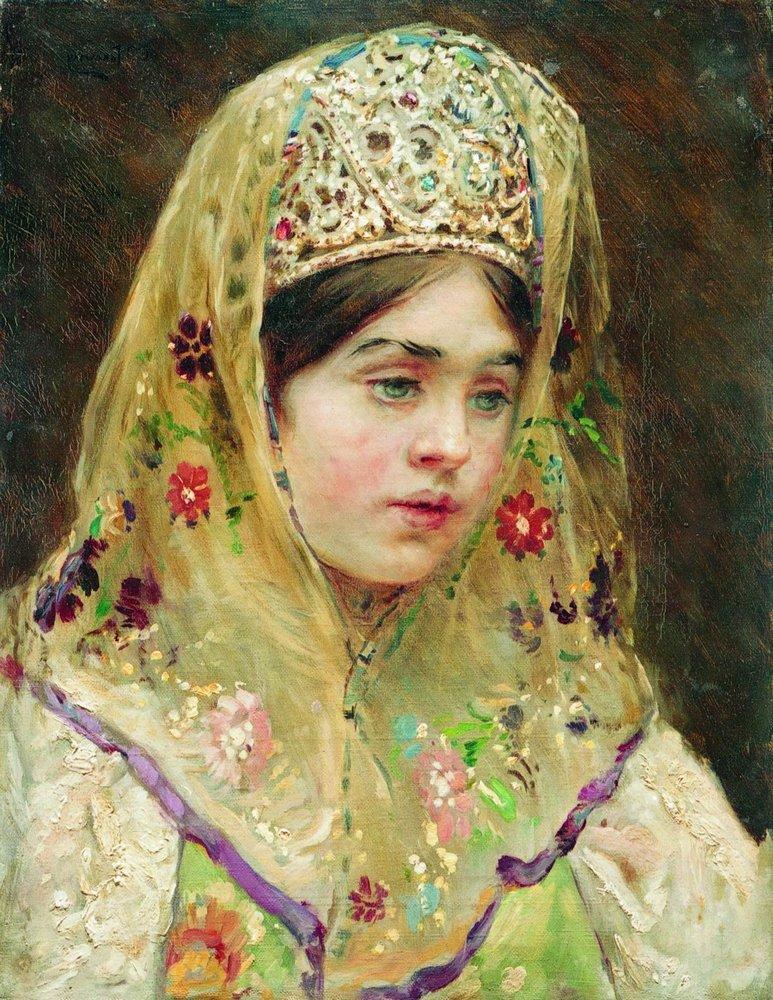 Konstantin Makovsky Portrait of the Girl in a Russian Dress 1910 Fine Art Print