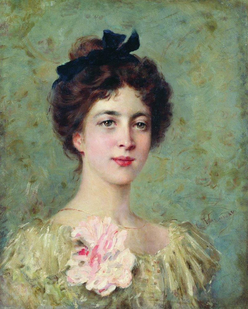 Konstantin Makovsky Portrait of the Young Lady with Pink Bow 1880 Fine Art Print
