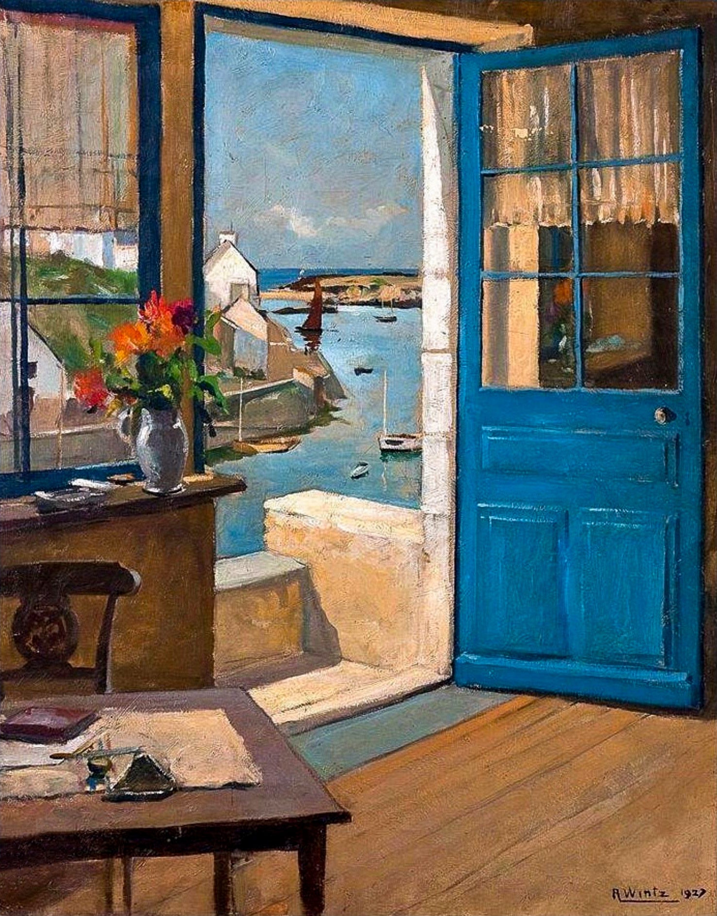 {{ product_title }} Fine Art Print | {{ product_vendor }} Jakero77 Raymond Wintz The Blue Door 1927 Cottage Maritime View Fine Art Print Art Print  Jakero77