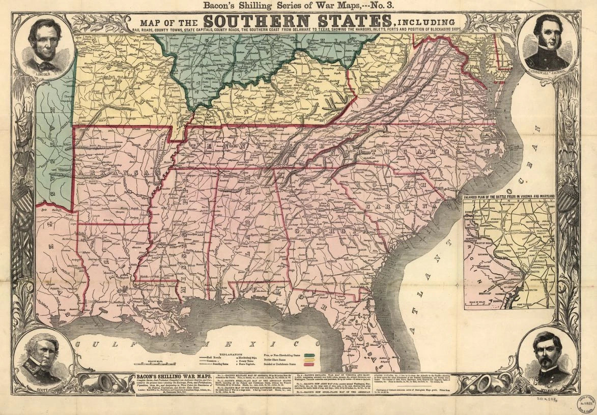 Map of the Southern States - Civil War Era Map 1860 Fine Art Print