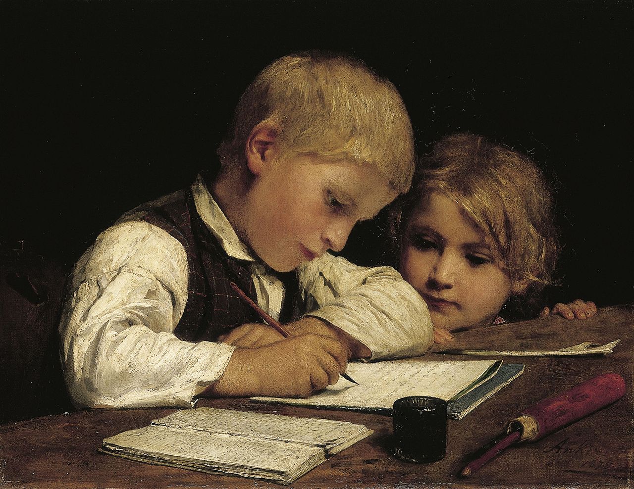 Albrecht Anker Writing Boy with Little Sister 1875 Fine Art Print