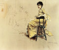 William Merritt Chase Seated Woman in Yello Striped Gown 1885 Fine Art Print