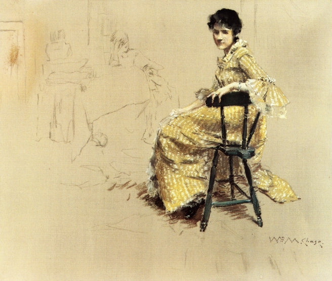 William Merritt Chase Seated Woman in Yello Striped Gown 1885 Fine Art Print