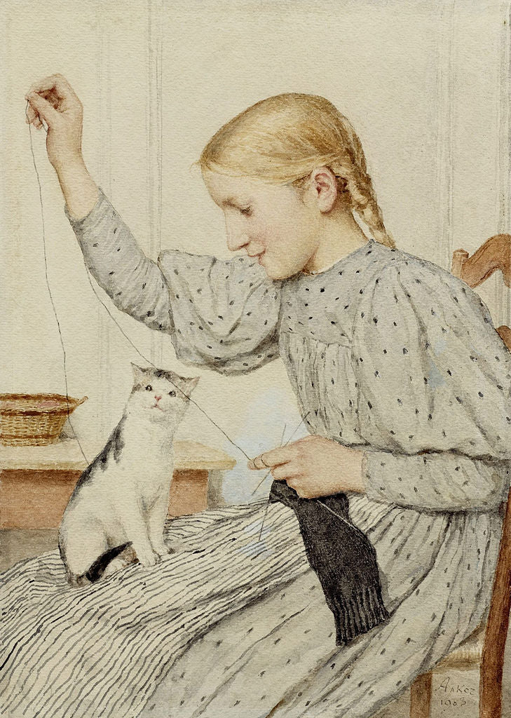 Albrecht Anker Sitting girl with a cat 1903 Fine Art Print