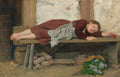 Albrecht Anker Sleeping girl on a wooden bench 1900 Fine Art Print