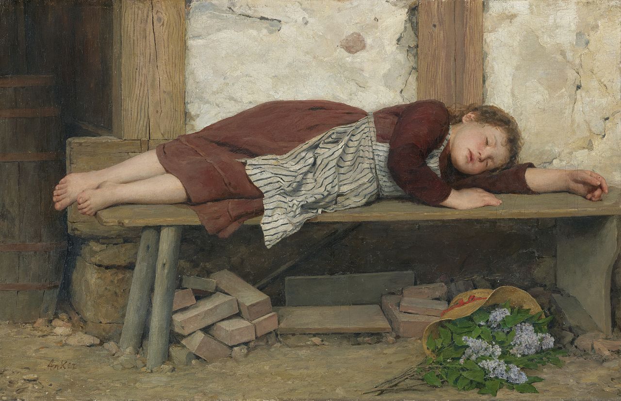 Albrecht Anker Sleeping girl on a wooden bench 1900 Fine Art Print