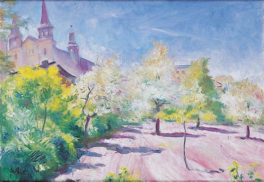 Wojciech Weiss Spring Orchard with a Church 1918 Fine Art Print