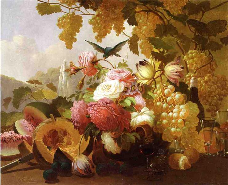 Thomas Hill Still Life with roses and Wine Glasses 1855 Fine Art Print