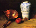 William Merritt Chase Still Life with China Vase, Copper Pot, an Apple and a Bunch of Grapes 1905 Fine Art Print
