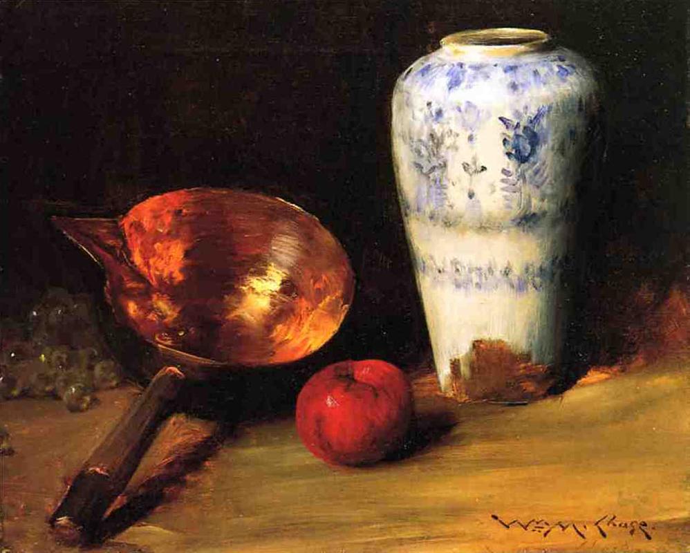 William Merritt Chase Still Life with China Vase, Copper Pot, an Apple and a Bunch of Grapes 1905 Fine Art Print