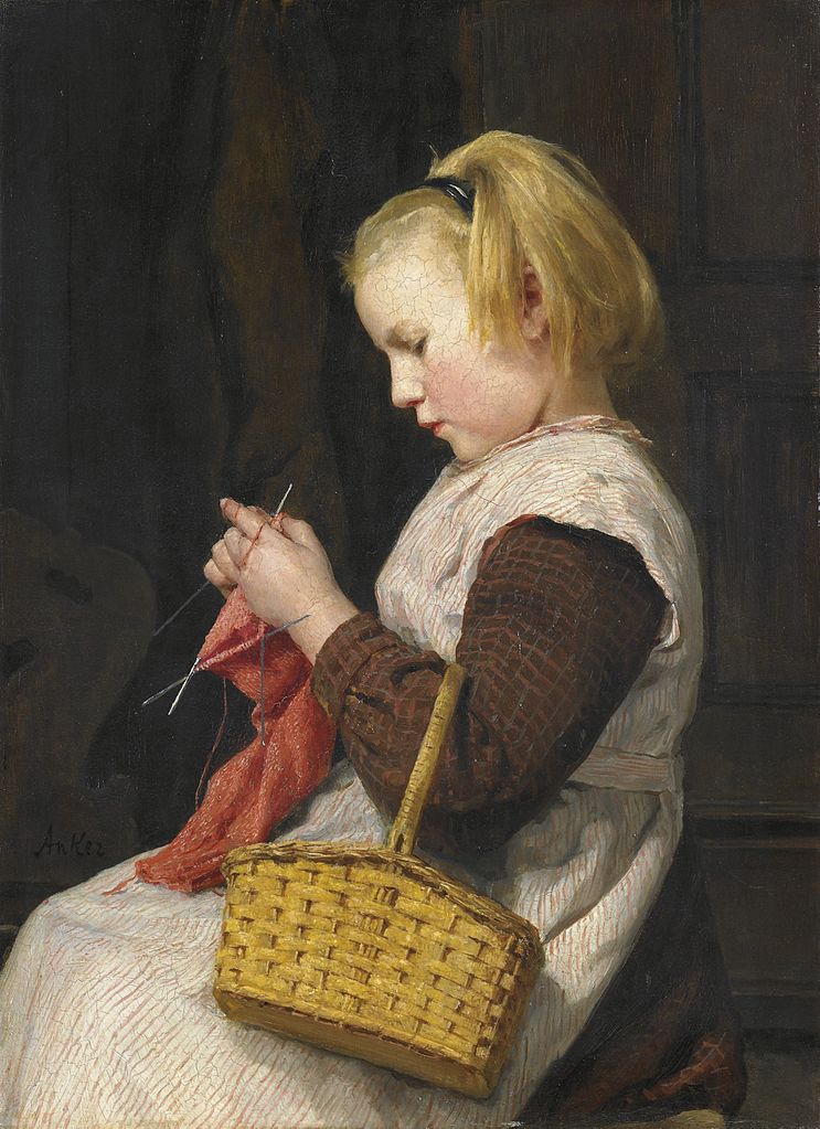 Albrecht Anker Knitting girl with basket 1897 Fine Art Print