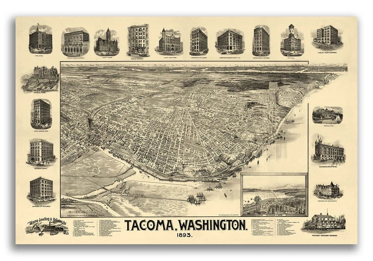 Tacoma WA Historic Panoramic Town Map Vintage 1893 Fine Art Print