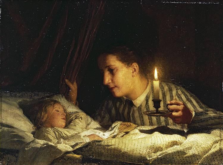 Albrecht Anker Young Mother contemplating Her sleeping Child in candlelight 1875 Fine Art Print
