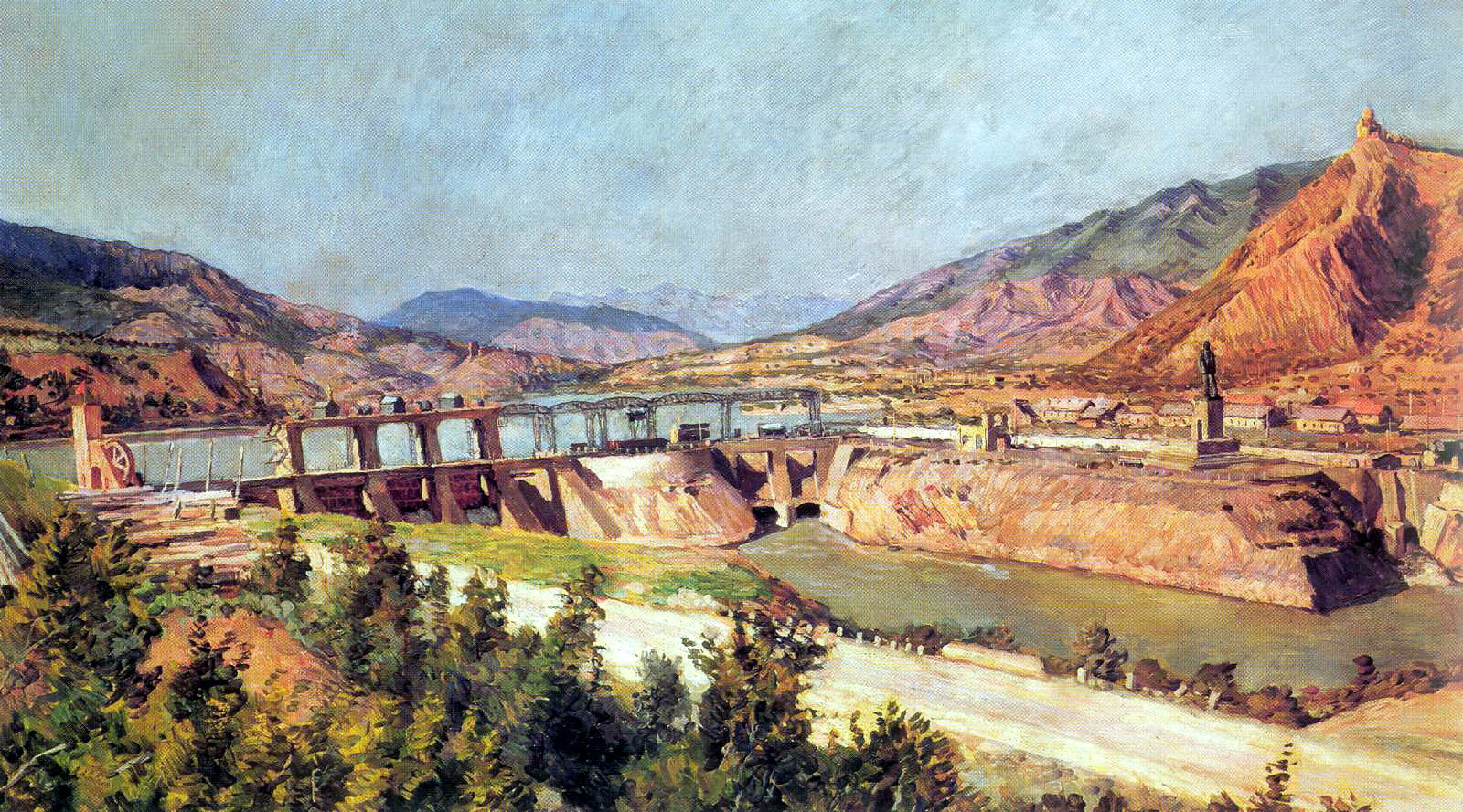 Ilya Mashkov ZAGES. Dam on the Kura River and Highway of Georgian Military Road 1927 Fine Art Print