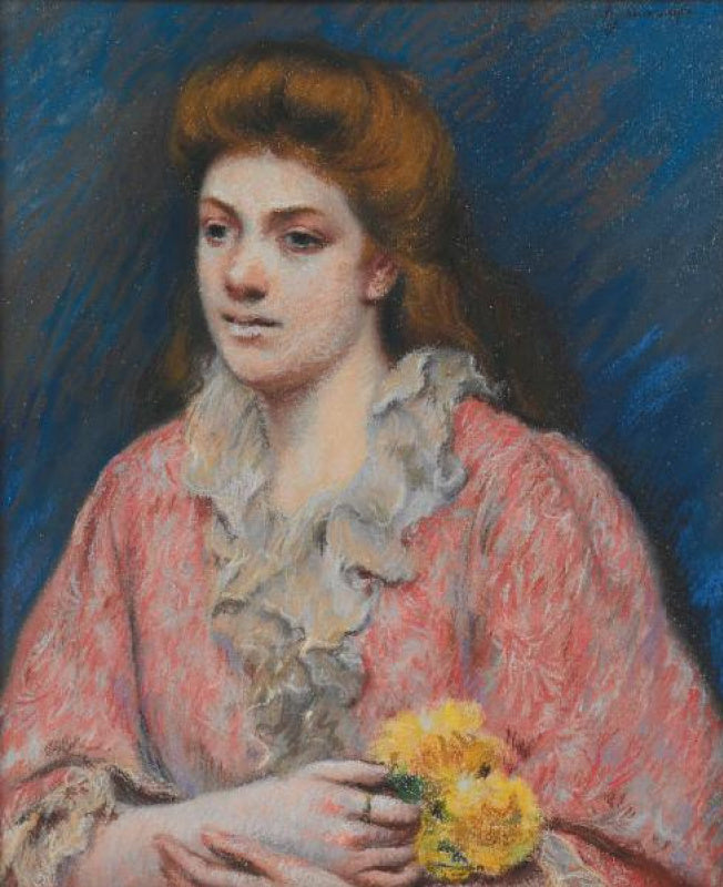 Federico Zandomeneghi A Woman in a House Dress Holding Flowers 1905 Fine Art Print