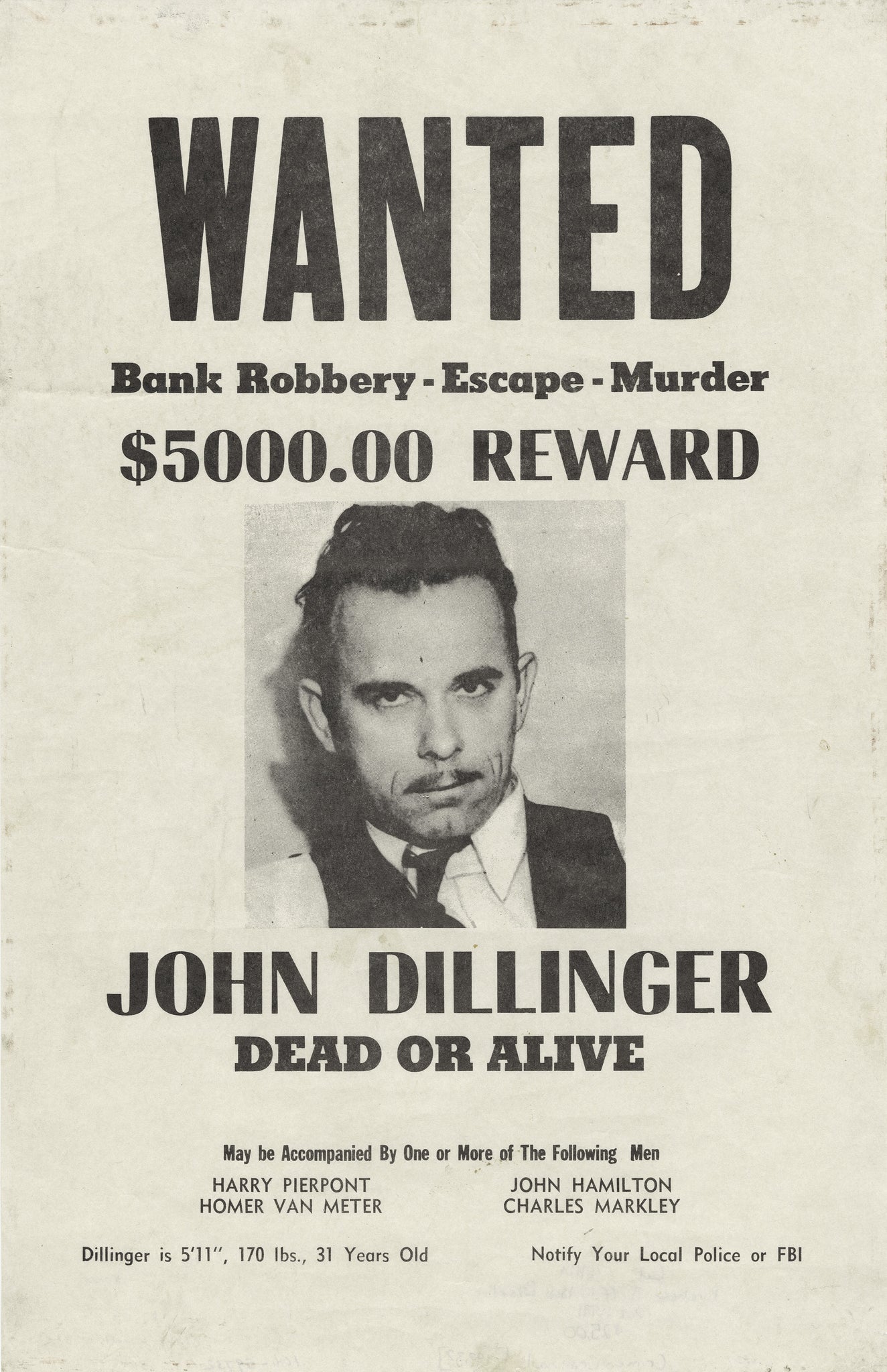 John Dillinger Wanted Poster 1934 FBI Public Enemy - 17" x 22" Fine Art Print