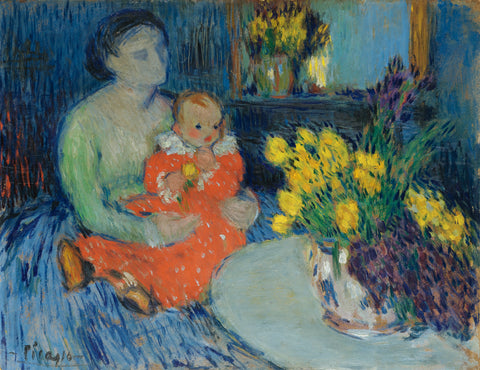 Mother and Child Behind the Bouquet of Flowers (1901) by Pablo Picasso - 17" x 22" Fine Art Print