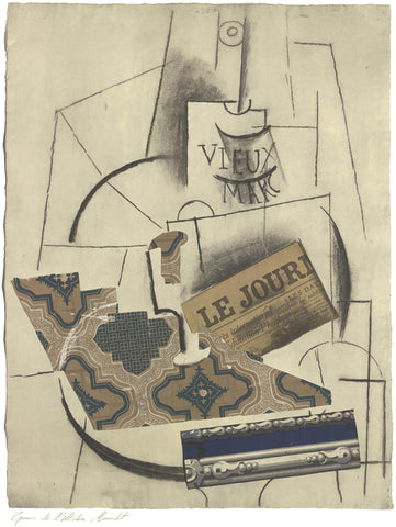 Bottle of Vieux Marc,Glass & Newspaper (1913) by Pablo Picasso - 17" x 22" Fine Art Print