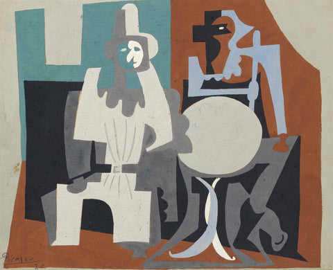 Pierrot & Harlequin on the Terrace of Cafe (1920) Signed Pablo Picasso - 17" x 22" Fine Art Print