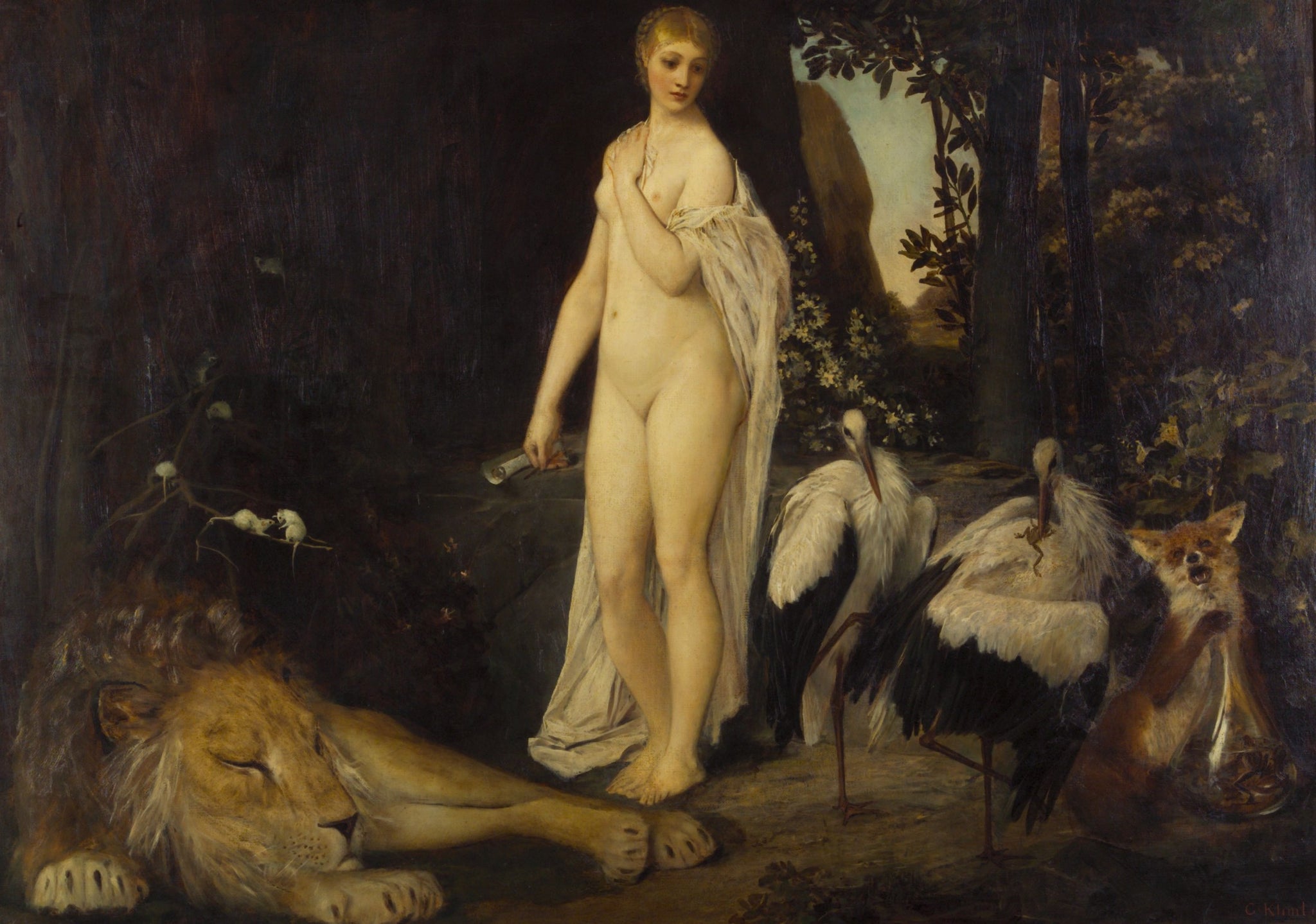 Fable (1883) Signed Gustav Klimt Nude Lion Fox - 17" x 22" Fine Art Print