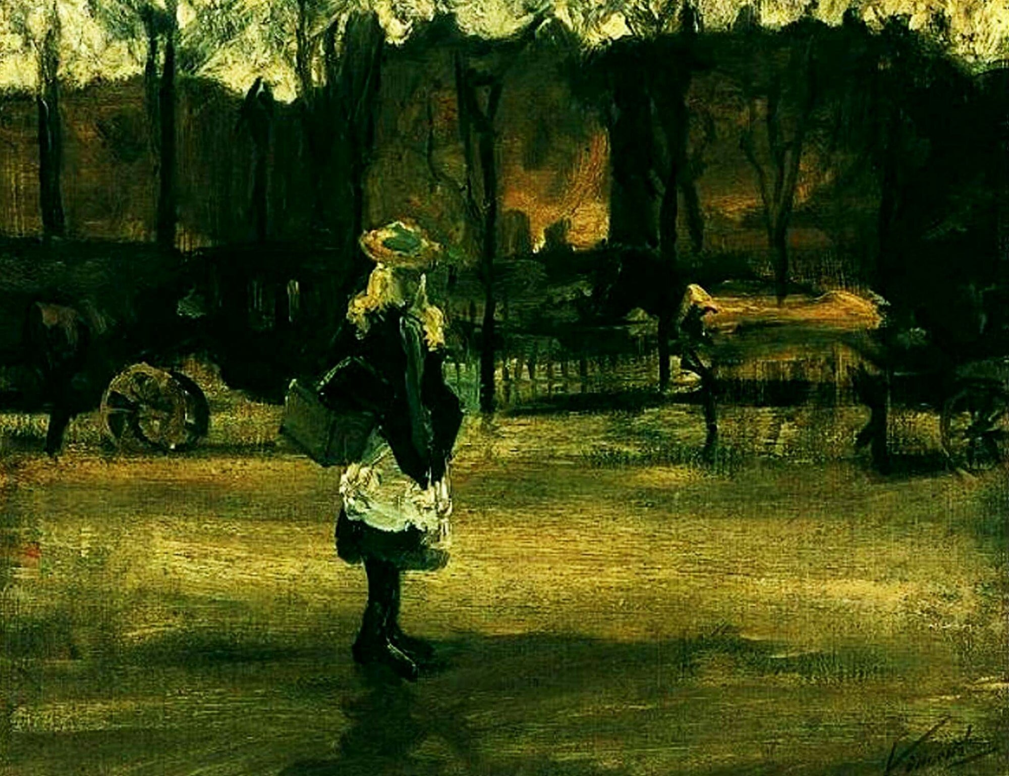 A Girl in the Street, Two Coaches in the Background Signed Vincent van Gogh - 17" x 22" Fine Art Print