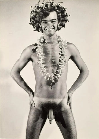 Bruce Bellas Vintage Nude Male Standing Smiling Lei - 17" x 22" Fine Art Print -1665