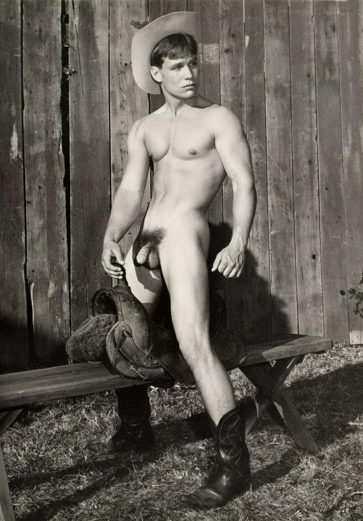 Bruce Bellas of LA Vintage Nude Cowboy Straddling Saddle - 17"x22" Fine Art Print -1701