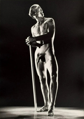 Bruce of LA 1960s Nude Male Tattoo Standing w/ Pole Gay - 17"x22" Fine Art Print - 1769