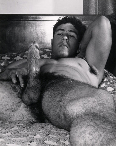 Bruce of Los Angeles Vintage Gay Interest Nude Male on Bed Hard Cock Aroused Hairy Homoerotic - 17" x 22" Art Print - 2050