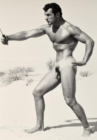 Bruce of Los Angeles Vintage Gay Interest John Weidemann Nude Action Shot with Knife in Desert Homoerotic - 17" x 22" Art Print - 2065