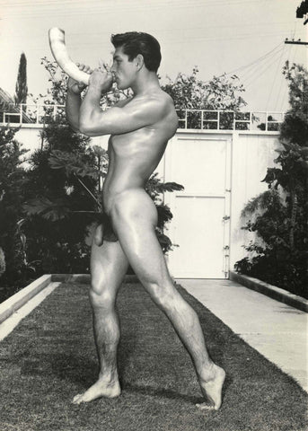 Bruce of Los Angeles Vintage Nude Male Blowing Horn Backyard Gay Interest Homoerotic - 17" x 22" Fine Art Print - 2114