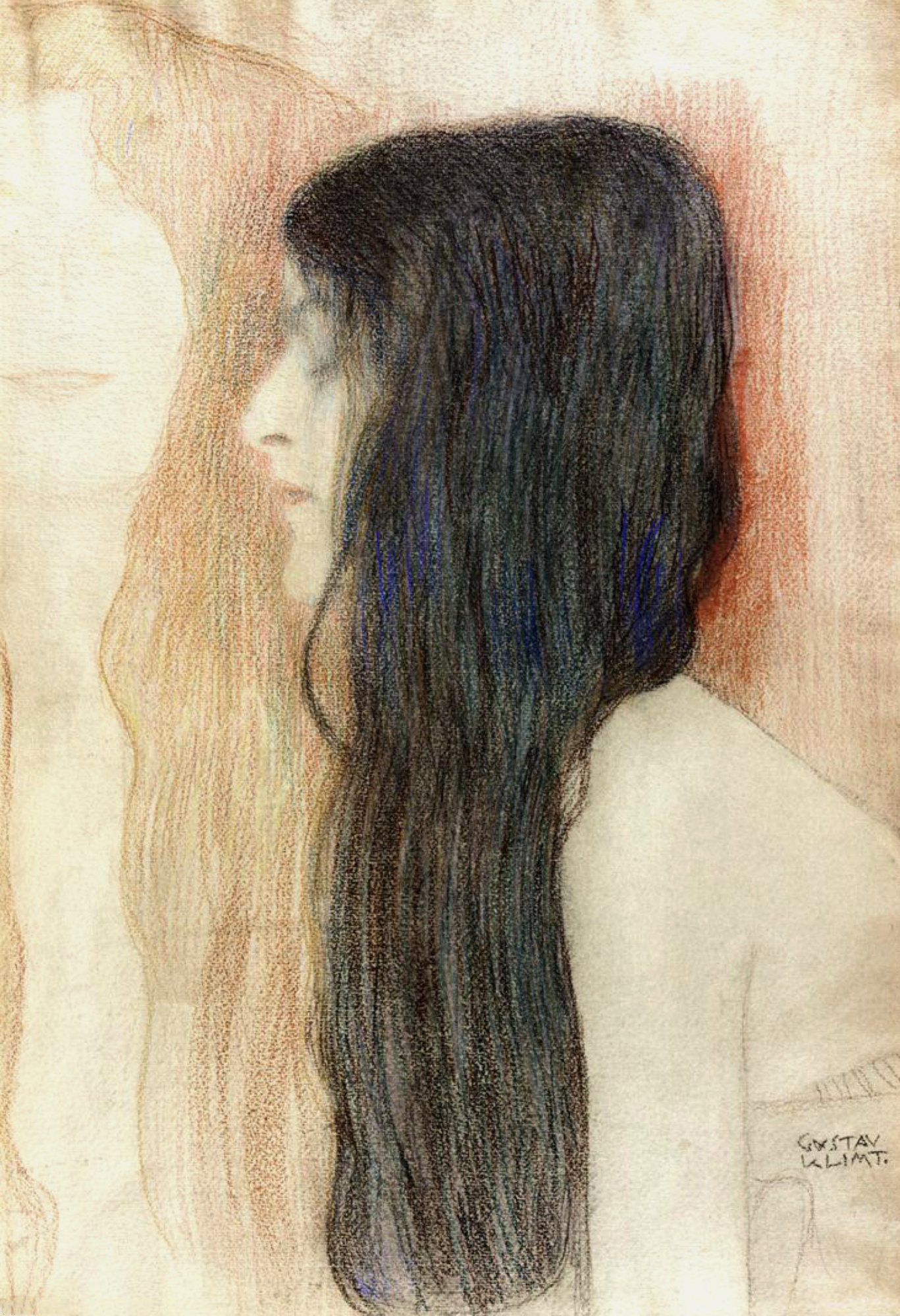 Gustav Klimt - Girl with Long Hair, Sketch for Nude Veritas 1899 - 17"x22" Print