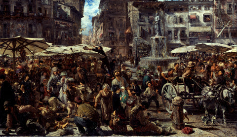 Adolph von Menzel - Piazza d’Erbe Marketplace in Verona (1884) Signed - 17" x 22" Fine Art Print