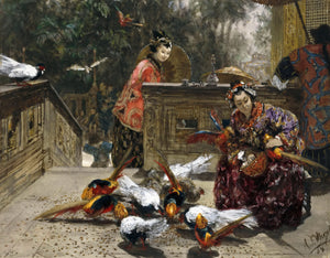 Adolph von Menzel: Chinese women with pheasants (1868) Signed - 17" x 22" Fine Art Print