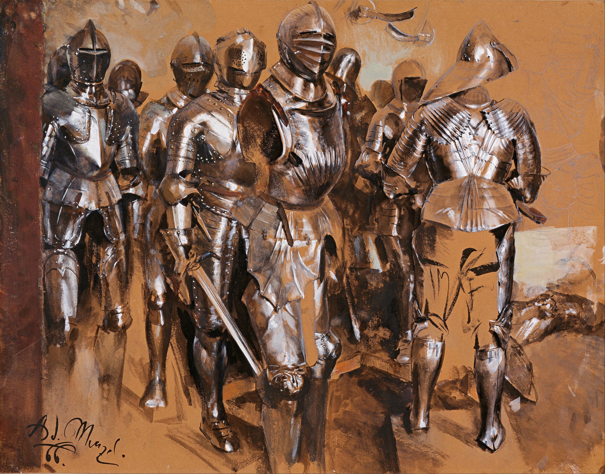 Adolph von Menzel: Armor Chamber Fantasy Knights (1866) Signed - 17"x22" Art Print