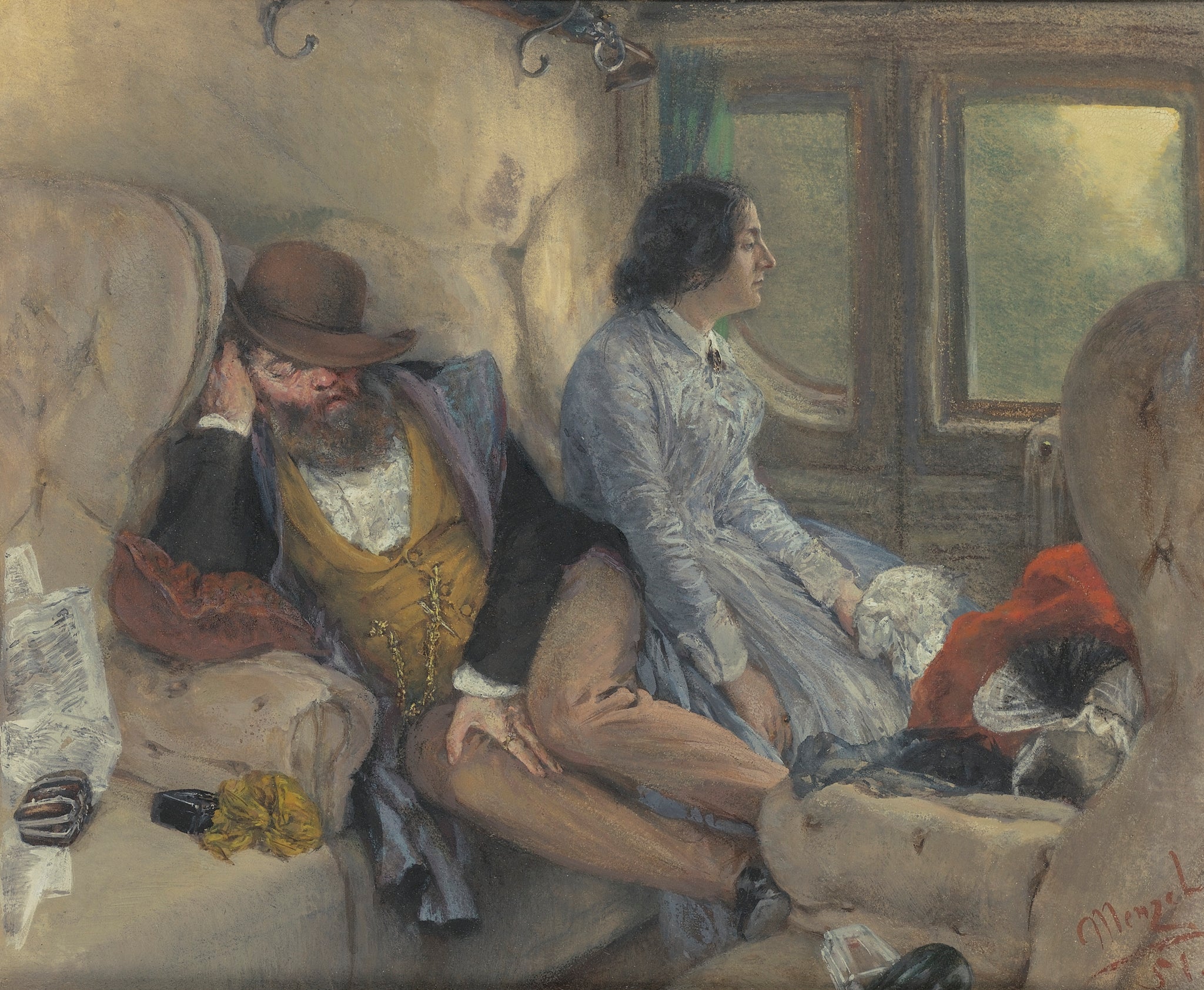 Adolph von Menzel - In Railway Carriage (After a Night's Journey) Sleeping (1851) Signed - 17"x22" Art Print