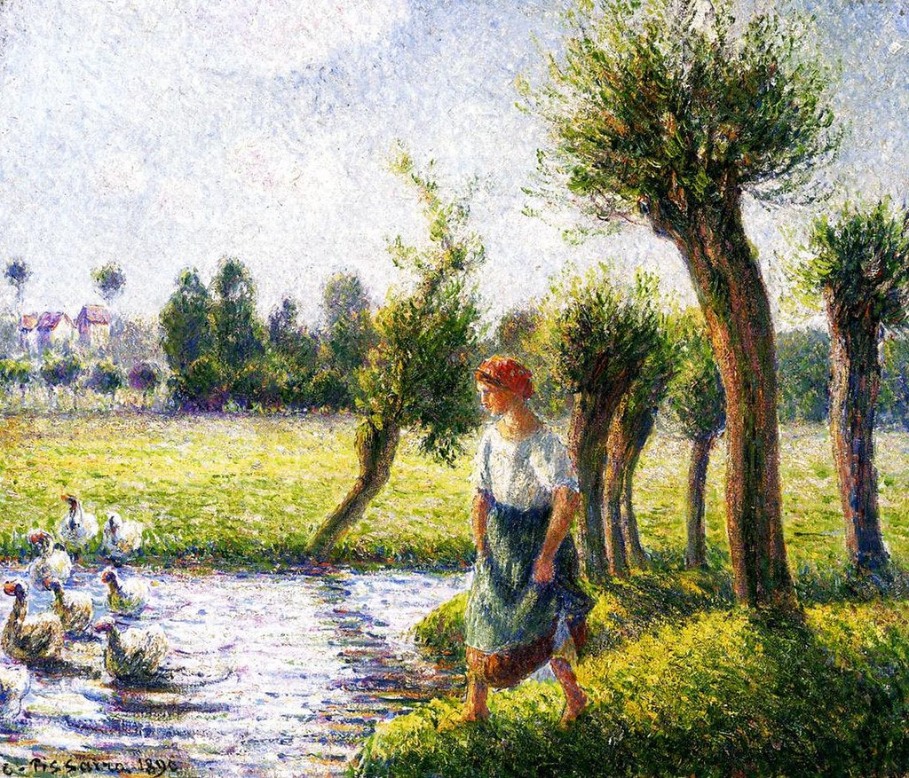 Camille Pissarro - Peasant Woman Watching Geese (1890) Signed - 17" x 22" Print